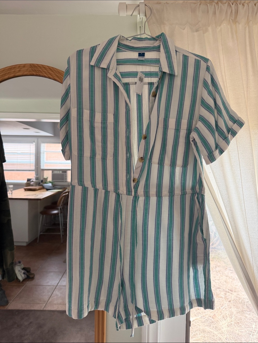 Old Navy Striped Button-Front Short Sleeve Romper in Teal & White